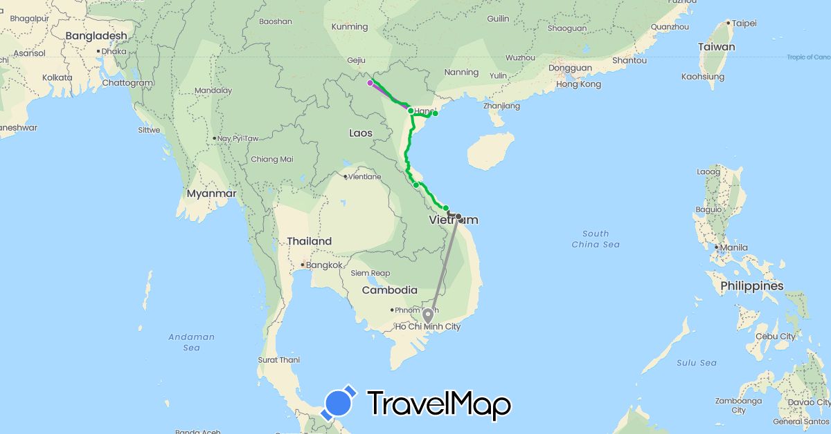 TravelMap itinerary: driving, bus, plane, train, motorbike in Vietnam (Asia)